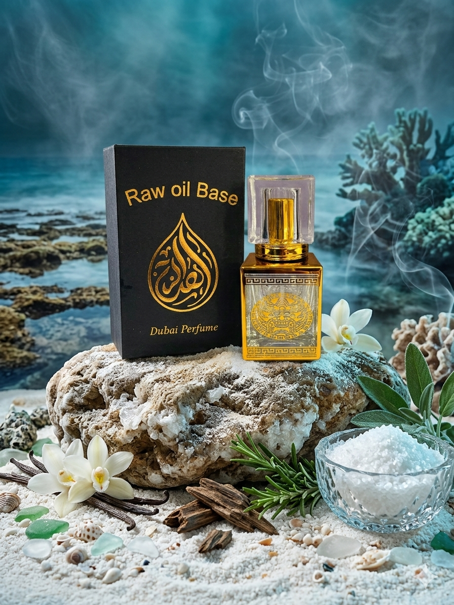Dubai perfume bottle and packaging on a rocky surface with ocean and coral background