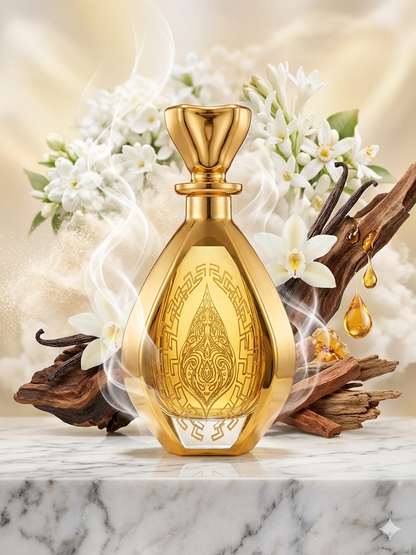 Gold perfume bottle with intricate design, vanilla beans, and flowers on a marble surface.