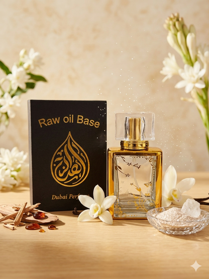 Perfume bottle with 'Raw oil Base' book and flowers on a wooden surface