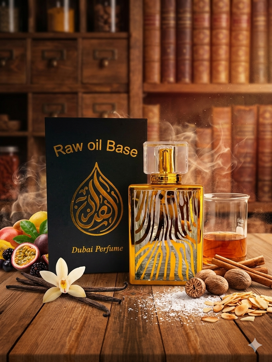 Dubai Perfume Raw Oil Base with ingredients on a wooden surface