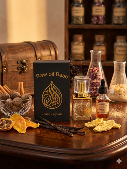 Dubai Perfume Raw Oil Base packaging on a wooden surface with spices and bottles in the background.