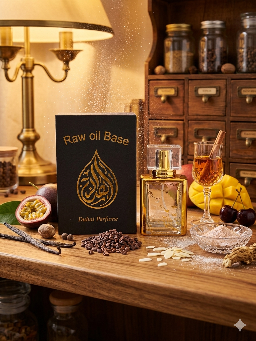 Perfume bottle with 'Raw oil Base' packaging on a wooden table with spices and fruit.