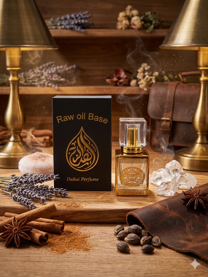 Dubai Perfume Raw Oil Base bottle with packaging on a wooden surface with decorative items.