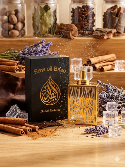Gold perfume bottle with 'Raw Oil Base Dubai Perfume' packaging on a wooden surface with spices and lavender.