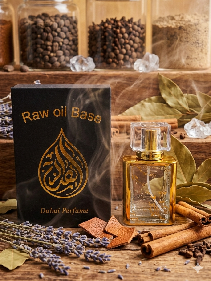 Dubai Perfume Raw Oil Base packaging with a perfume bottle on a wooden background with spices and herbs.