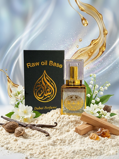 Dubai Perfume Raw Oil Base bottle with packaging, flowers, and vanilla beans on a textured surface.
